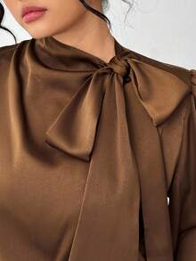 Elenzga Plus Size Elegant Commuter Solid Color Satin Collar Tie Neck Blouse Fall - Chocolate Brown - View 7