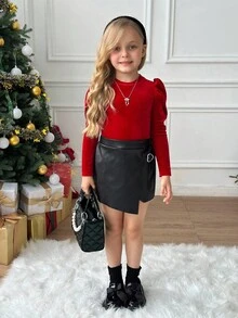 Serisse Kids Conjunto de 2 peças de camiseta de manga comprida com estampa de borboleta e shorts-saia pretos, elegantes e elegantes para meninas, roupa casual de outono, vintage elegante, adequada para festas, Natal, baile de Ano Novo, inverno - Vermelho - Ver 7