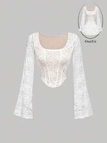 SHEIN MOD 女式白色喇叭袖蕾丝花边腰T恤 - 彩色 - 查看 1