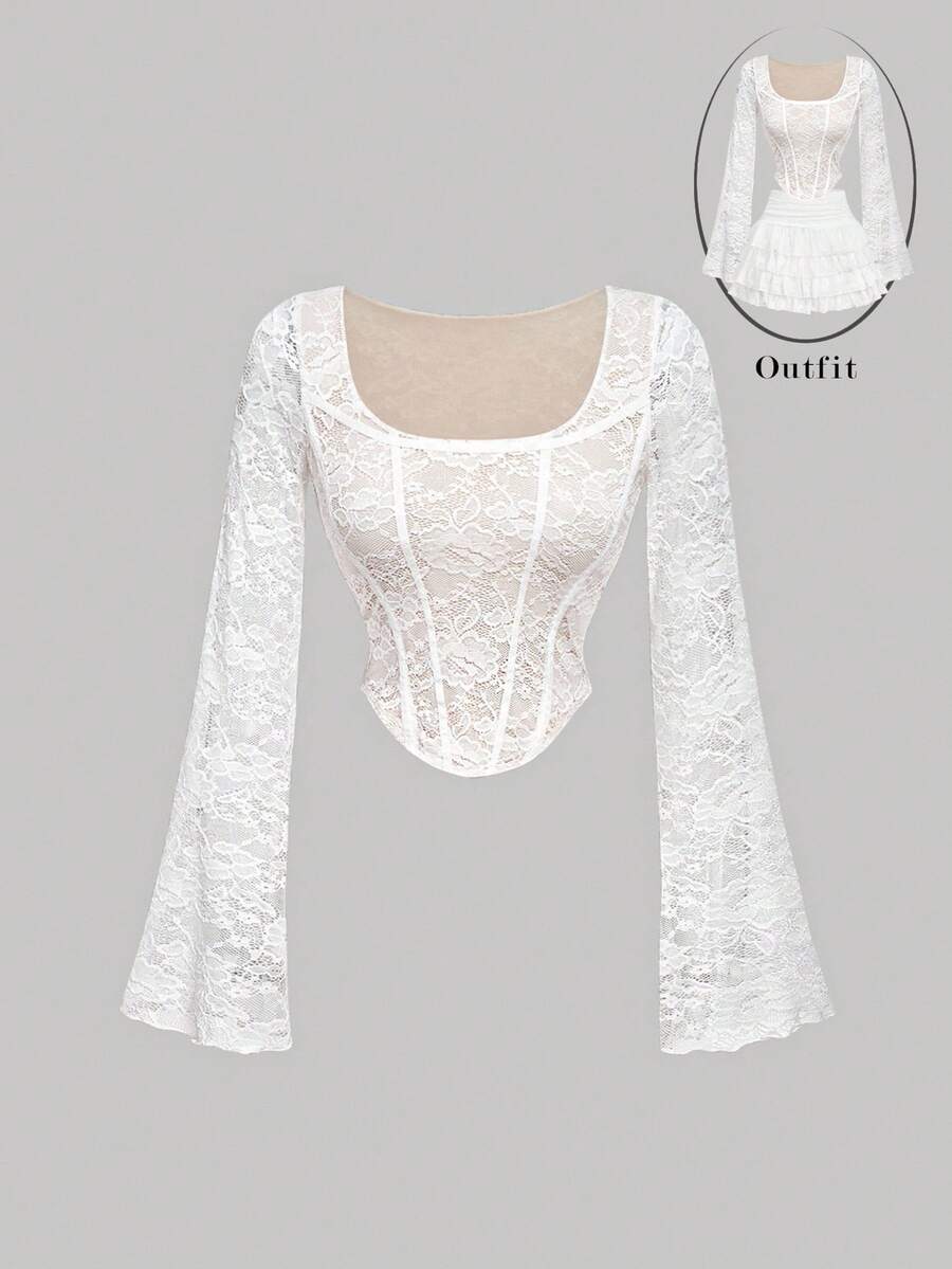 SHEIN MOD 女式白色喇叭袖蕾丝花边腰T恤 - 彩色 - 查看 1