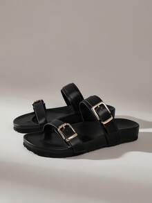 Solecia Casual Black Flat Sandals With Metal Square Buckle, Perfect For Vacation Spring Shoes Spring Break Easter For Christmas - Black - View 4
