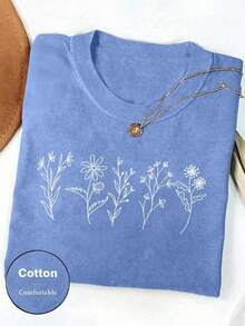 INAWLY Women's Crew Neck Floral Pattern Short Sleeve Casual T-Shirt - Blue - View 3