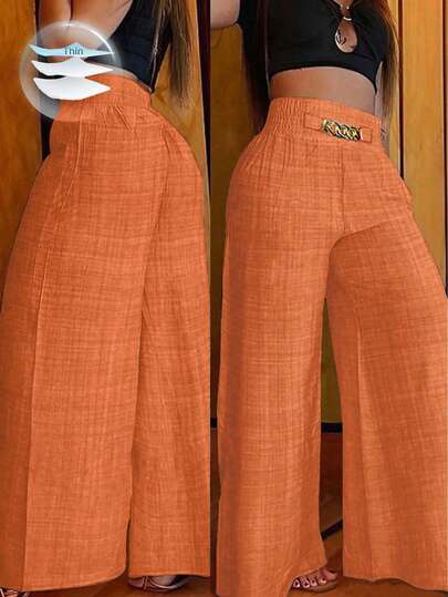 Breezaya Women's Casual Metal Chain Embellished Wide Leg Loose Pants, Autumn Linen Khaki Trousers Fall Cloth For Women