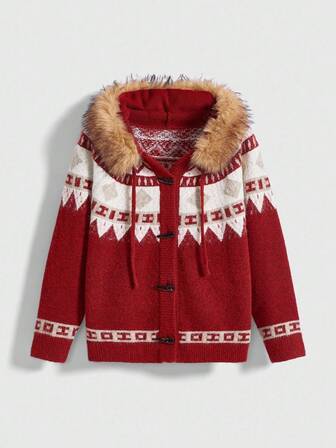 Kawaii Cardigan de Noël grande taille pour femmes avec col en fausse fourrure et décoration de boutons en forme de corne, rouge vin