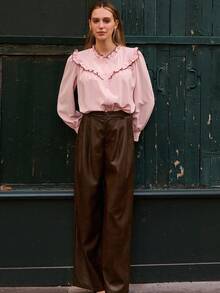 lacRébo Pastel Pink Blouse With Contrast Seam Ruffle Detail And Long Sleeves Spring Women Clothes Spring Outfits Spring Women Clothes Spring Summer Office Top Business Casual Top - Baby Pink - View 6