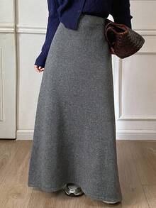 DAZY 女士纯色松紧腰休闲针织裙，秋冬 - 灰色 - 查看 3