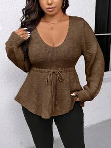 EMERY ROSE 加大码女式套头毛衣，收腰设计，A 字廓形，优雅 - 咖啡棕 - 查看 3