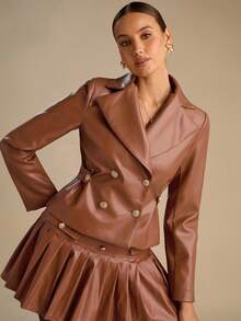 Enchnt Fall/Winter Romantic Women's Brown Lapel Neck Long Sleeve Double-Breasted Fashion PU Leather Jacket,Chic&Elegant For Date&Daily Commuting&Office&Going Out,Autumn Jacket For Women,Fall Clothes For Women,Autumn Outfits For Women