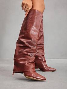 CUCCOO SZL Botas de tacón de aguja de punta fina para mujer, diseño de material de doble capa de PU marrón, moda minimalista cómoda para uso diario, fiesta, evento, con cremallera lateral y de fácil puesta