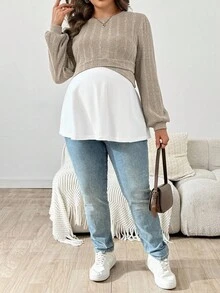 SHEIN Maternity Plus Size Contrast Color Round Neck Long Sleeve Ruffle Hem Casual Top