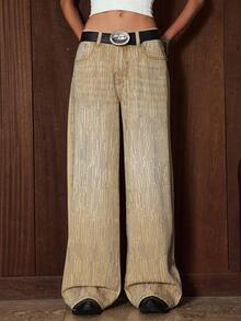 Easelle Jeans vintage kaki à jambes larges, coupe ample, avec poches et ornements de strass pour femmes. Tenue de fête pour l'hiver et l'automne - Kaki - Voir 7