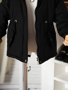 SHEIN 女童加厚派克大衣，时尚连帽，仿皮草领，拉链开合，腰部抽绳，口袋，百搭，适合秋冬 - 黑色 - 查看 8