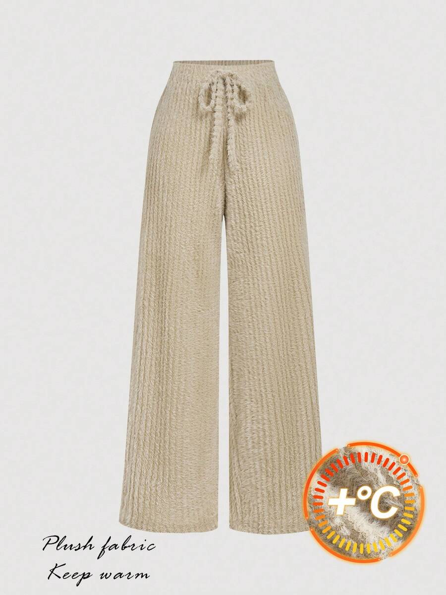 SHEIN MOD 女士杏色腰带罗纹休闲阔腿针织裤，适合秋季、冬季、外出、时尚、优雅、乡村音乐会等场合 - 杏色 - 查看 1