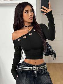 Coolane Women's Winter Streetwear Daily Wear Grunge Grommet Eyelet Essentials Knit Stretchy Comfy Asymmetrical Neck Ruched Black Long Sleeve Tops,Black Top - Black - View 3