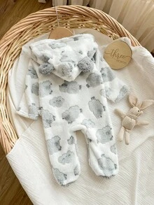 新生女婴可爱毛茸茸卡通图案连帽连体衣，秋冬 - 米色 - 查看 2