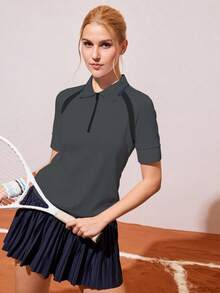 Gameset SHEIN Sport Women's Dark Grey Color Block Polo Collar Short Sleeve Sports Top,Summer Casual Golf Tennis Gym Blouse,Athletic Skirt Golf Tops - Grey - View 5
