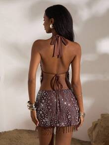 Opulessa Parte superior elegante con escote halter, espalda descubierta, bordado y lentejuelas, ideal para fiestas, bodas, eventos de Navidad, Año Nuevo y Acción de Gracias, perfecta para usar en invierno o en la playa, con un toque sexy y brillante para salir de fiesta