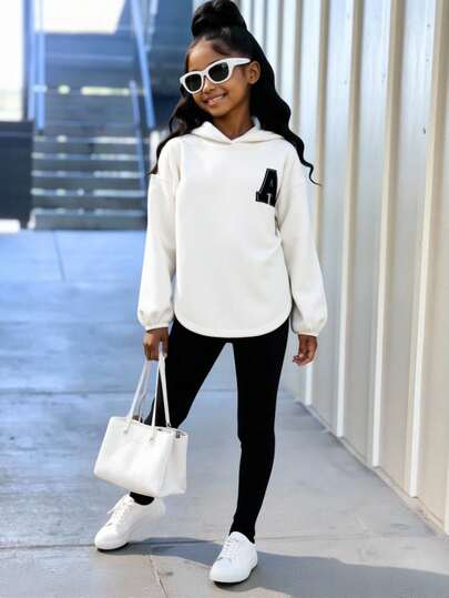 SHEIN Tween Girl Fashion Sporty Casual Fleece Hoodie Sweatshirt And Leggings Set Teen Girl Outfits 2 Piece Teen Fleece Hoodie And Leggings Tween Comfy Outfit Set Black Leggings For Teens Girls Sweatsuit Set Fall Winter