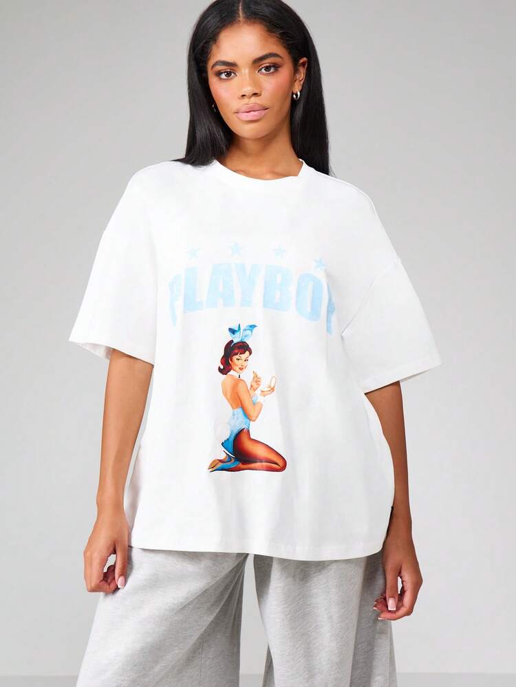 Missguided x Playboy Oversized Pin Up Girl Graphic Tee Retro Aesthetic Vintage Style Modern Classic Print Ladies Summer T-Shirt Fashion Casual Wear