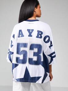 Missguided x Playboy Varsity Style Oversized Jersey Top With Graphic Print Numbers Side Stripe Detail University Casual Streetwear Baseball Tee Retro Athletic Look Autumn Winter