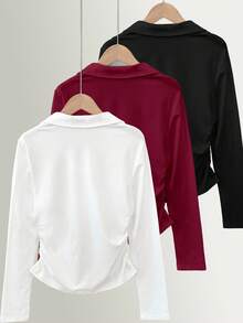 INAWLY Plus Size Women Knight Print Long Sleeve Casual V-Neck Ruched Multi-Piece Long Sleeve T-Shirt - Multicolor - View 2