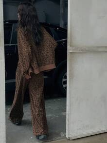 DAZY 2pcs Women's Leopard Ribbed Loose Jacket And Pants Set