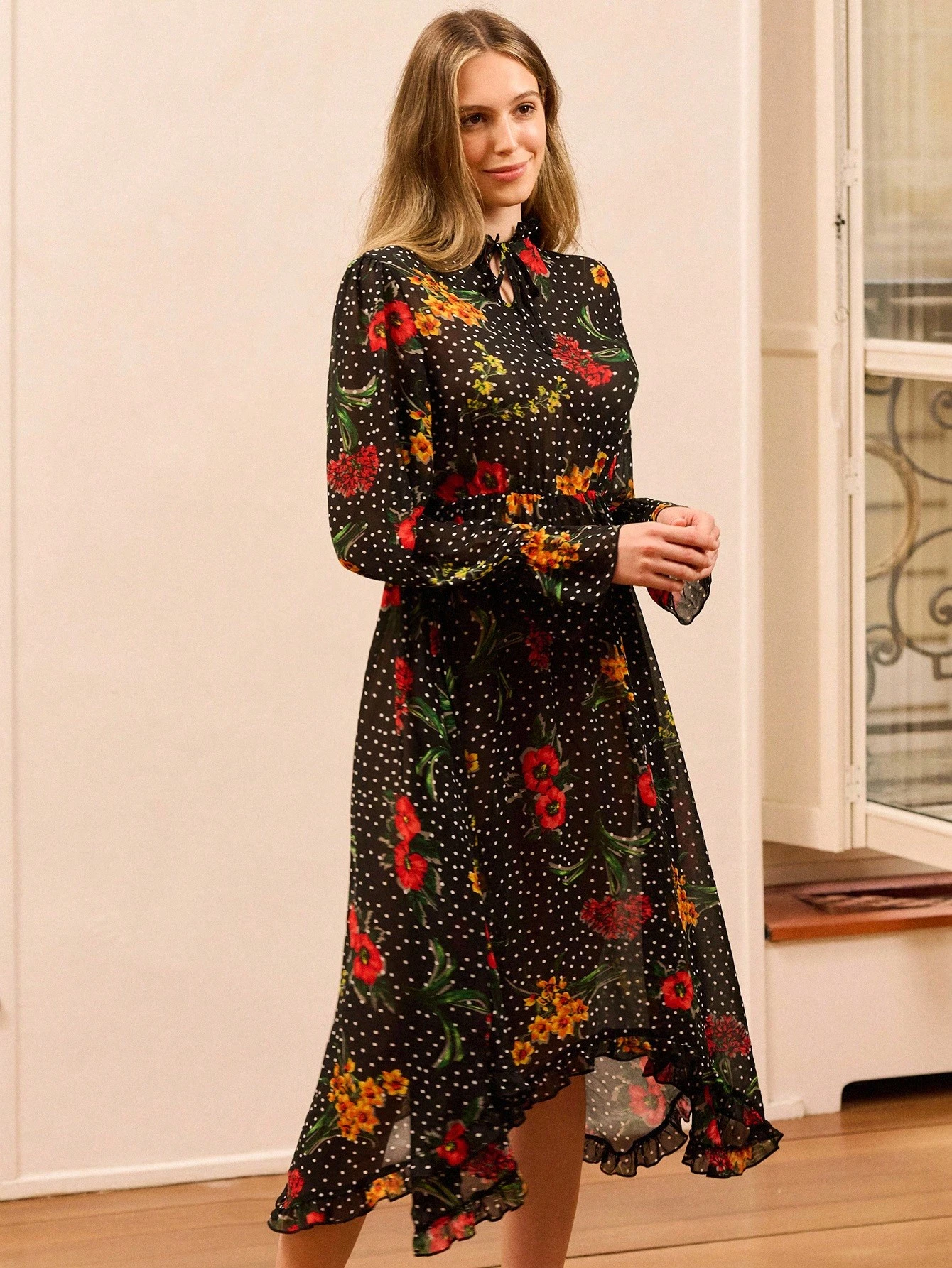 Black Flowing Floral Print Maxi Dress With Shirred High Neck And Asymmetric Ruffled Hem Spring Summer Spring Women Clothes Spring Summer Office Dress Business Casual Dress Going Out Dress French Style Parisian Style