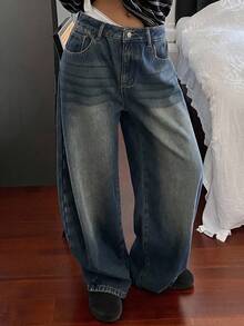 DAZY Vintage Loose Street-Style Washed Distressed Wide-Leg Women Jeans