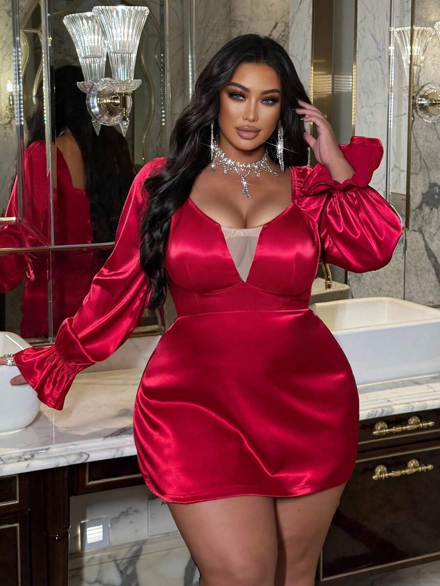 SHEIN LUNE Vestido Elegante, Sexy e Versátil de Manga Longa com Decote em V, Plus Size, Estilo Romântico - Vinho - Visão 1