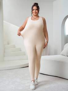 SHEIN CURVE+ Plus Size Women Solid Color Comfortable Elastic Lifting Sleeveless Slim Fit Jumpsuits - Apricot - View 4