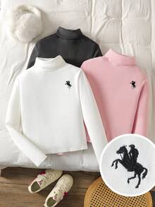 SHEIN 3pcs Tween Girls' Solid Black White Pink Embroidered Casual Turndown Collar Long Sleeve Tops Set,Basic School Back-To-School Autumn Clothes 3 Packs - Multicolor - View 12