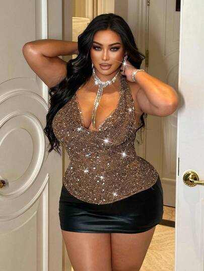 NU&NOW 加大码女式亮片拼接金属环装饰链条垂坠领吊带背心，性感，适合日常、约会、派对、秋季