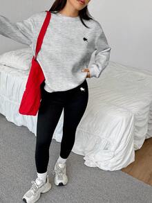SHEIN EZwear 2件套小马印花图案宽松圆领运动衫和紧身打底裤，秋冬 - 彩色 - 查看 6