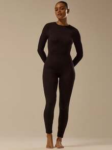 MUSERA ESSENTIALS Fitted Long Sleeve Jumpsuit Classy Basic Sexy Fall Autumn Basics Soft Buttery Toffee Winter Evening    Party Spring Summer - Black - View 4