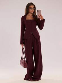 SHEIN BAE Blazer de oficina con diseño de cuello cuadrado distintivo para mujeres, ropa de otoño e invierno - Burdeos - Ver 5