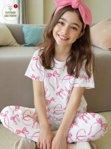 SHEIN 青少年女孩休闲可爱甜美粉色蝴蝶结印花，粉色芭蕾风格，短袖圆领T恤上衣和紧身打底裤家居服套装，女孩风格，日式甜美，日本少女时尚，休闲舒适 - 彩色 - 查看 1