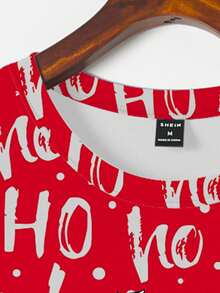 SHEIN 女士圣诞主题：男女皆宜的时尚创意可爱圣诞驯鹿和圣诞老人图案印花基础款红色节日短袖T恤，适合圣诞派对和外出穿着 - 酒紅色 - 查看 4