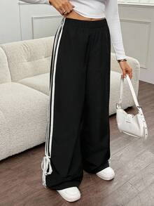 SHEIN Tall 女款黑色侧面撞色白色带子松紧腰裤 - 黑色 - 查看 9