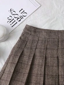 Franclia Spring And Autumn Fashion Plaid Casual Commuting Versatile Woolen Feel Coffee Color Short Pleated Skirt Suitable For Back To School Season Daily Versatilefall Clothes For Women Autumn  Winter Winter Clothes For Women Winter Clothes  Christmas New Year  Party Graduation Prom Cosplay Elegant Casual Luxury Going Out  Winter Winter Clothes For Women Elegant Fashionable Casual Commuting Business Office Daily Leisure All-Match Temperament Urban Teacher Professional Attire - Coffee Brown - View 7