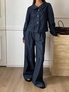 DAZY 女式彼得潘领系腰长袖牛仔上衣和直筒牛仔裤休闲牛仔套装 - 深色水洗藍 - 查看 3