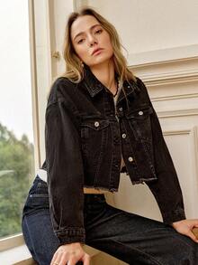 Écloséra 素色毛邊下擺落肩牛仔夾克 - 黑色 - 查看 6