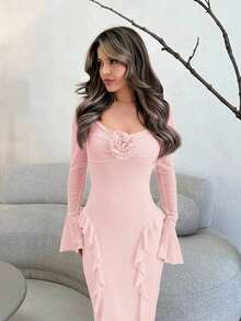 Jemour 优雅花朵点缀长袖粉色连衣裙，秋季服装，适合休闲约会、活动和派对 - 粉色 - 查看 6