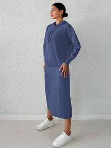 SHEIN Cottnline Women's Solid Color Drawstring Hooded Sweater And Knitted Skirt Two-piece Set - Dusty Blue - View 3