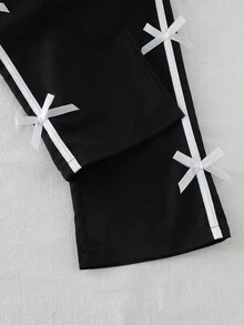 两件套女童秋冬针织圆领T恤和蝴蝶结印花抽绳裤套装，运动时尚 - 白色 - 查看 6