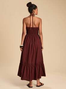 Travachic Women's Elegant Burgundy Backless Halter Dress,Summer Vacation Winery Maroon Dress,Luxury Evening Dresses For Wedding,Thanksgiving New Year Outfits - Coffee Brown - View 2