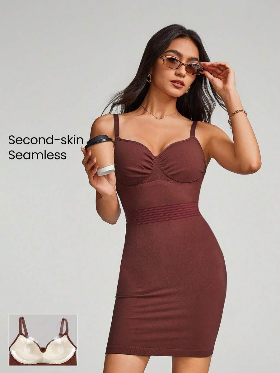 GLOWMODE Seamless Bustier Tummy Control Adjustable Bodycon Slip Dress Light Support Low Impact Daily Casual - Brown - View 1