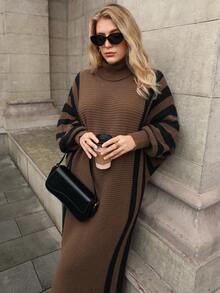 Juhart 大码女式纯色针织连衣裙，条纹袖口高领毛衣裙，适合圣诞节、万圣节、返校、办公室、度假 - 彩色 - 查看 6