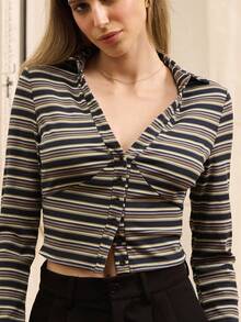 lacRébo Jersey Monochrome Stripe Long Sleeve Button Front Fitted Fall Autumn Office Top Business Casual Top - Multicolor - View 6