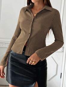 SHEIN PETITE 优雅灰色条纹翻领衬衫，修身款，休闲美式女式衬衫 - 鏽棕色 - 查看 9