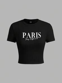SHEIN EZwear 3 件套休闲简约黑、蓝、白图案圆领短袖短款紧身 T 恤女款，适合夏季外出 - 彩色 - 查看 4